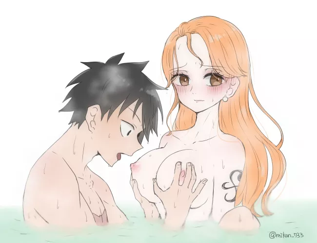 Luffy fascinated by Nami's boobs
