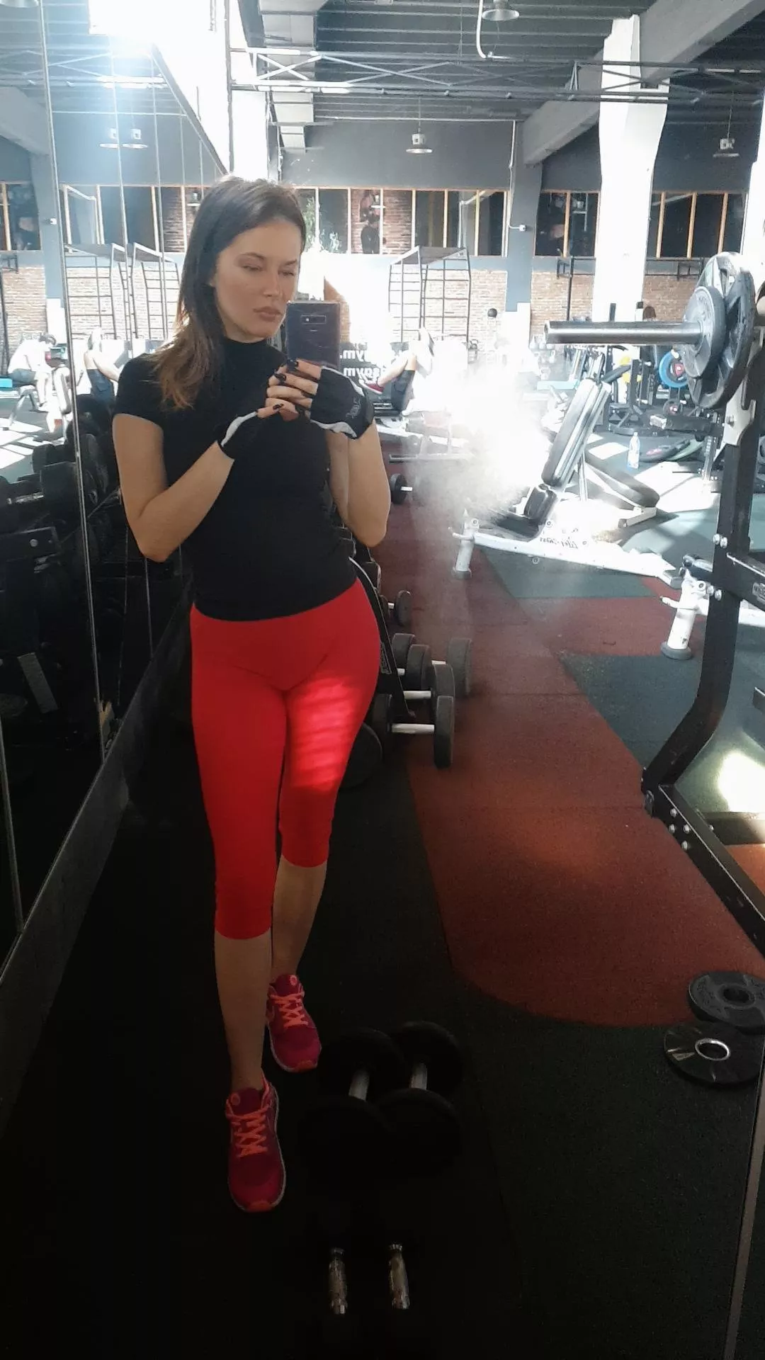 red leggings and sneakers looks perfect