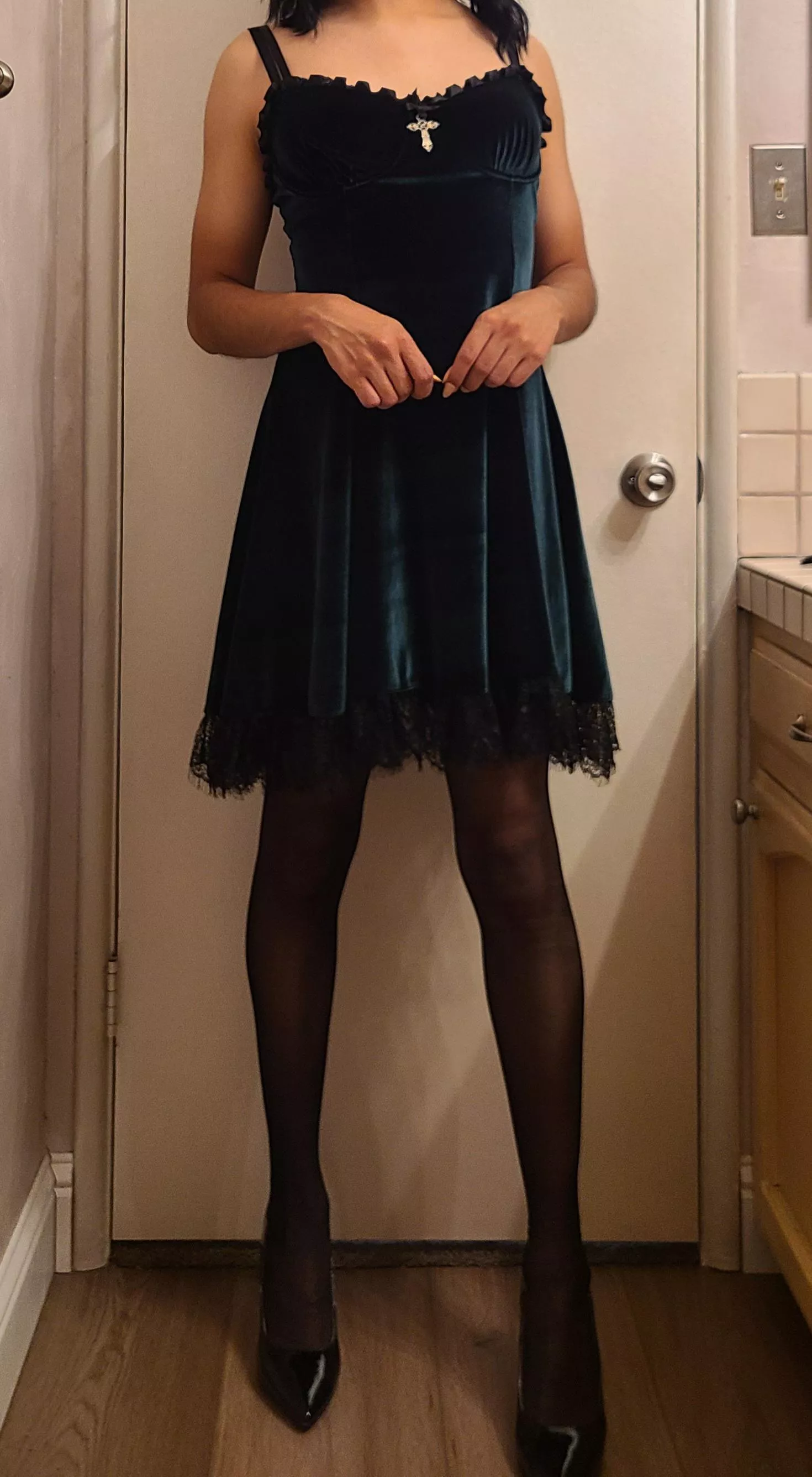 Trying out a velvet dress. Does it suit me?