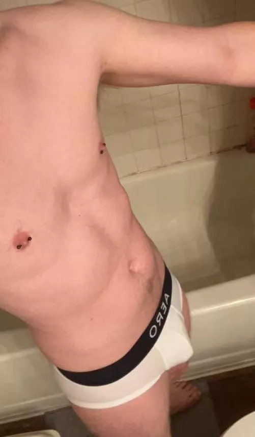 Working on getting more toned but feeling good about how I look at the moment in my new white briefs!