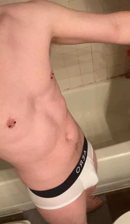 Working on getting more toned but feeling good about how I look at the moment in my new white briefs!