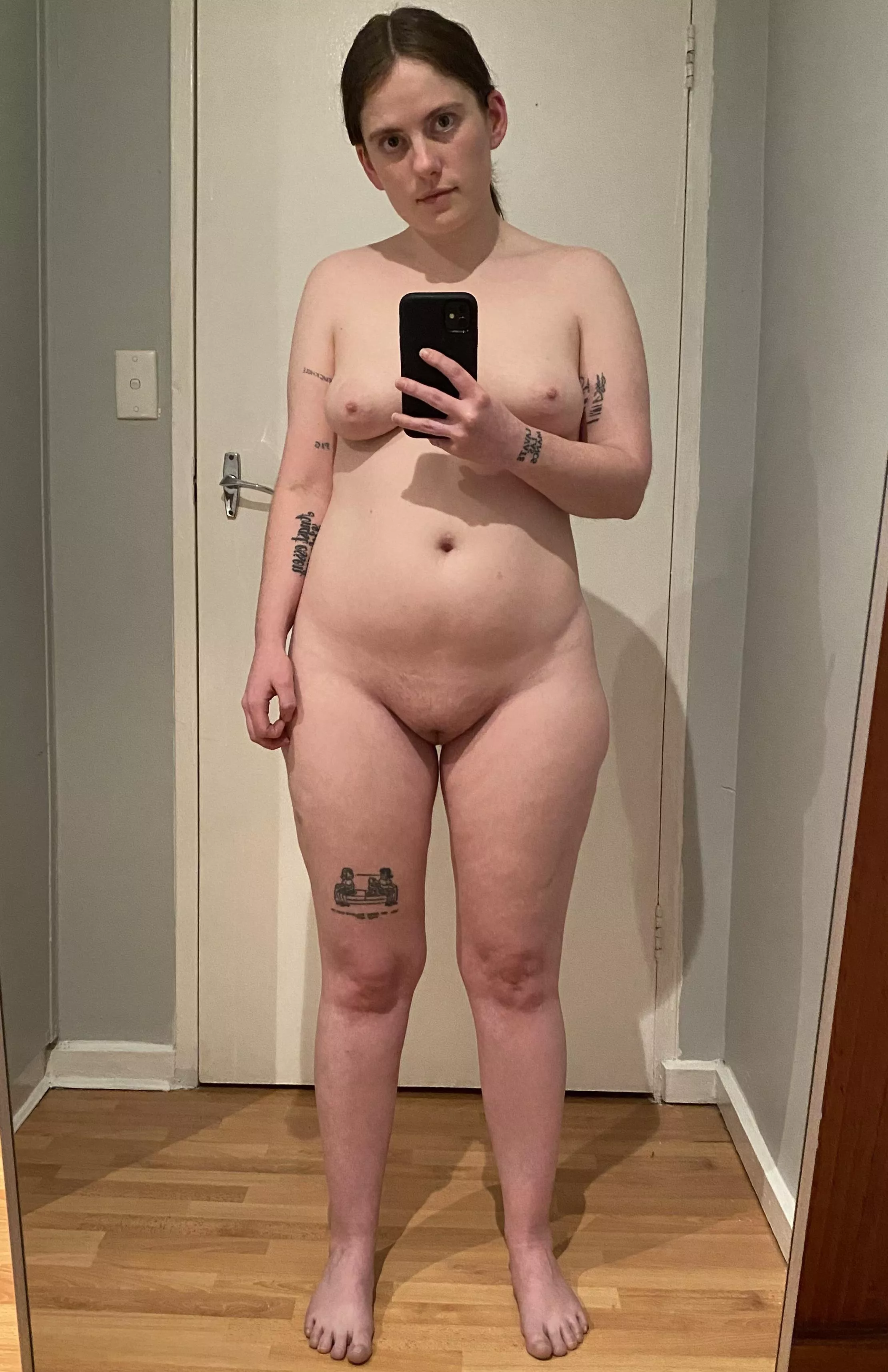 F, 33, 5’3”, 130 lbs. My first head to toe full body mirror selfie, taken from an unflattering but necessary angle.