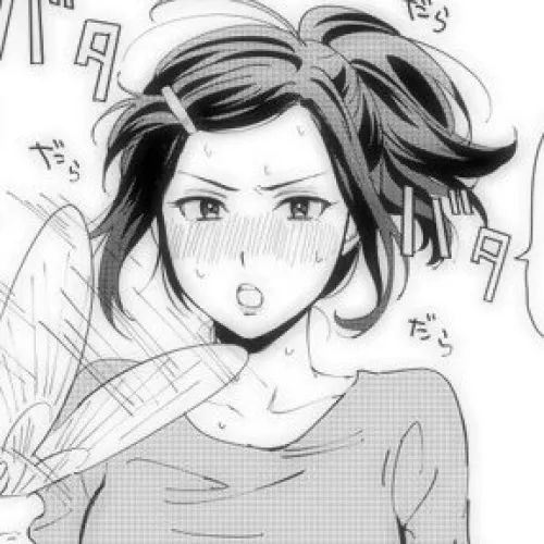 Lf mono source : 1girl, sweat, hand fan, cropped, collarbone, open mouth, upper teeth, speech box, foreign text, blush, black hair, hair clip, tied hair, hot/heat.