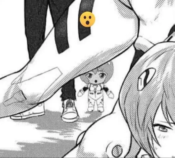 LF Mono Source: 2girls, 1boy, meme, bend over, ayanami rei, plugsuit, blush, plushie, black pants, white shoes, amused face, :o, bodysuit, short hair, headgear