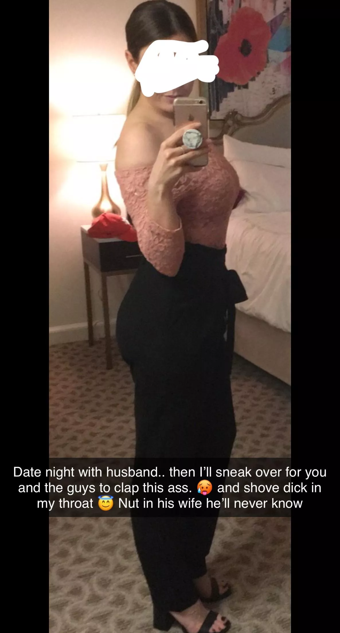 Get your friends together and when my husbands not home… go to town on his wife 🥵🤤 in our bed. He won’t know. In our bed. Use me how you want. Just some of you please fill my stomach with your cum? 🥺