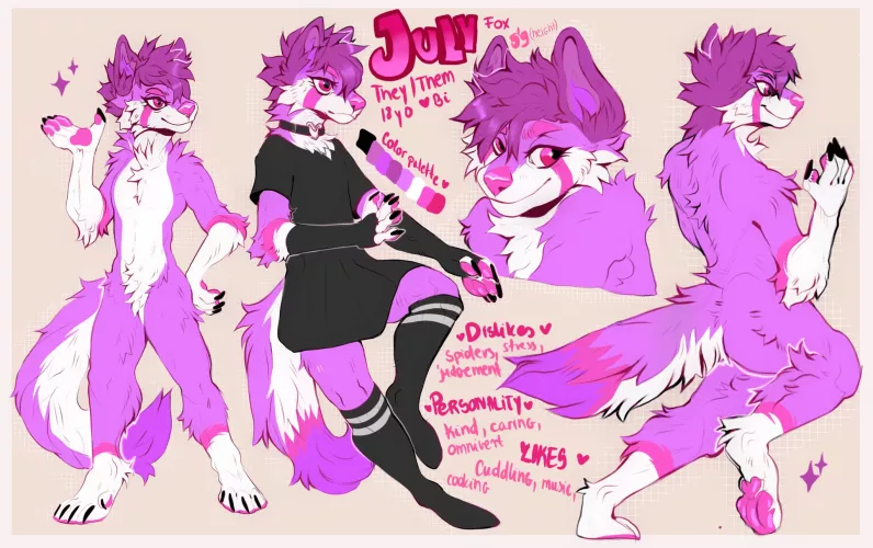 Just got my ref sheet for my fursona, July <3 (art by @alxndr76253390 on Twitter)