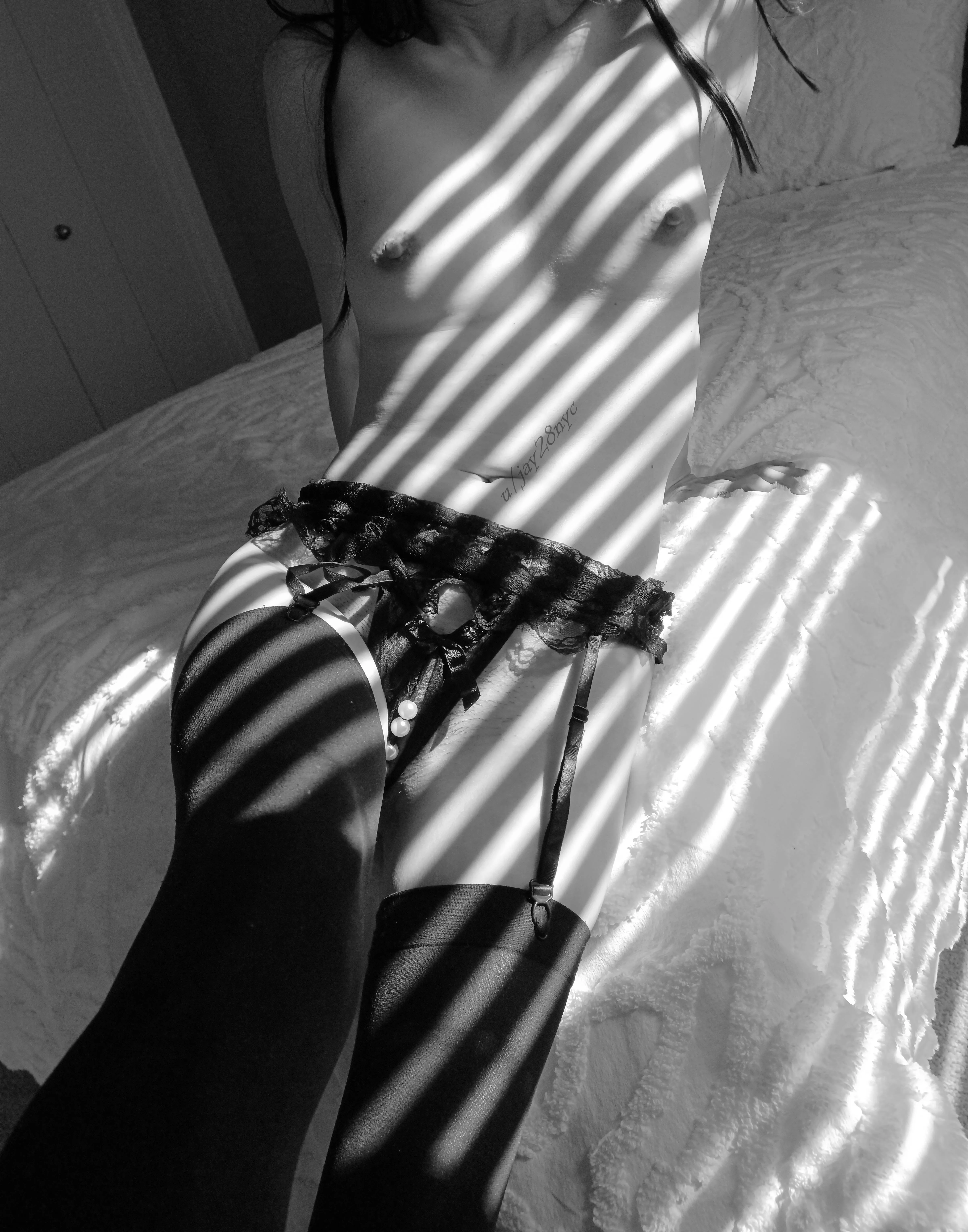 Lace and garters in black and white sun-stripes happy Sunday all (F) [OC]