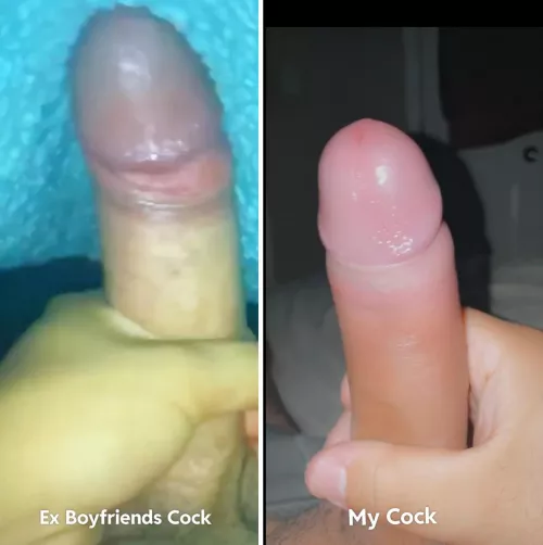Size comparison of my girlfriends ex boyfriends Cock and my Cock. Which one do you think she enjoyed more?