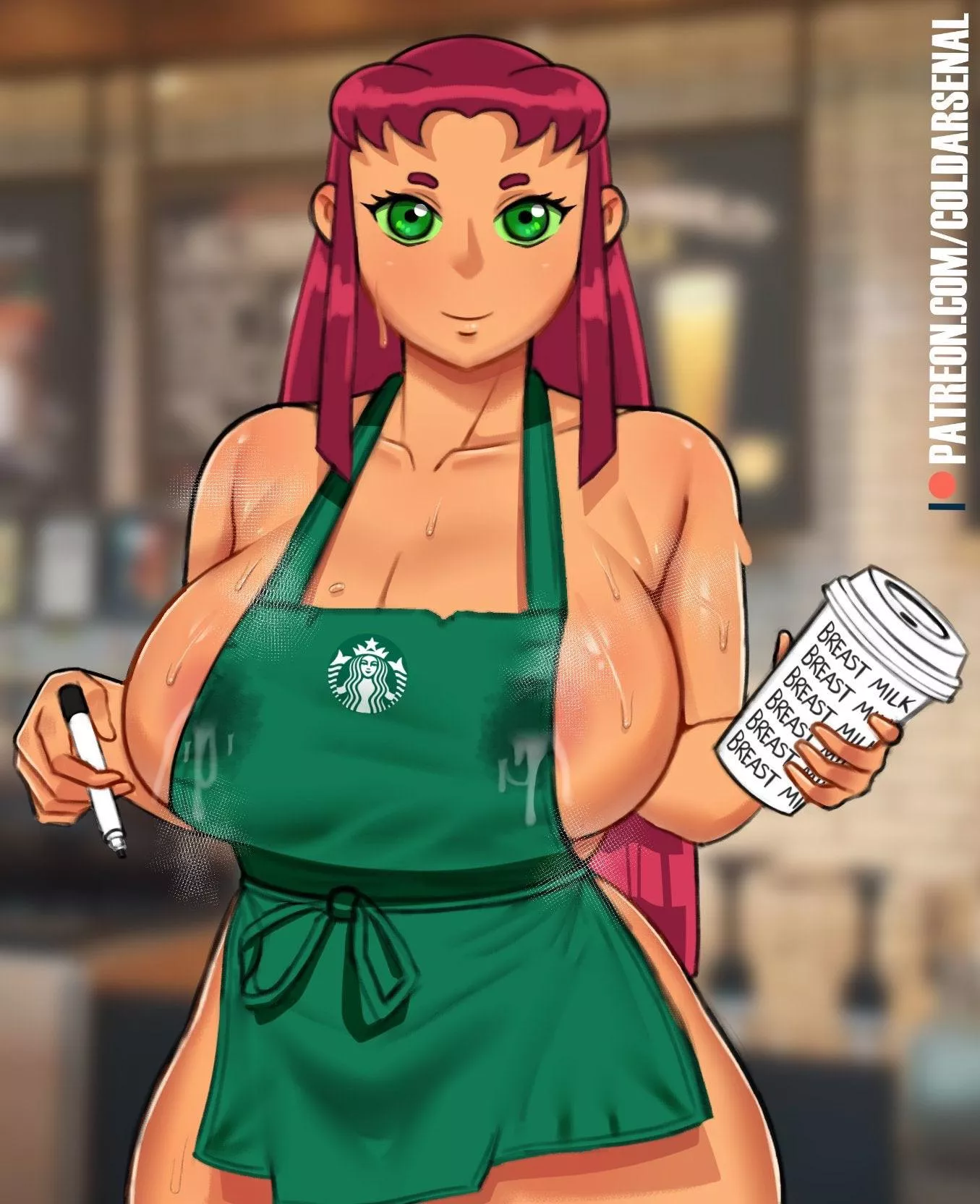 Starfire working at Starbucks (coldarsenal)