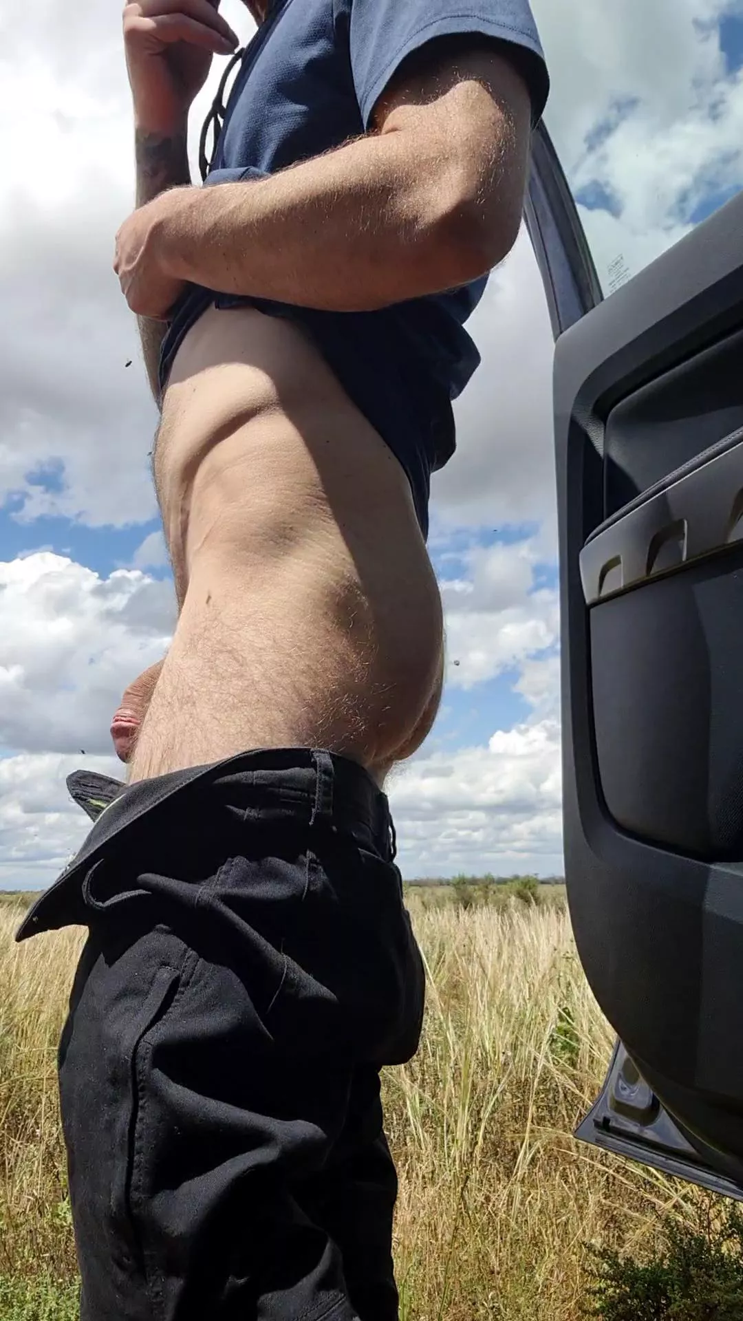 Pants down by the side of the highway. Would you stop?