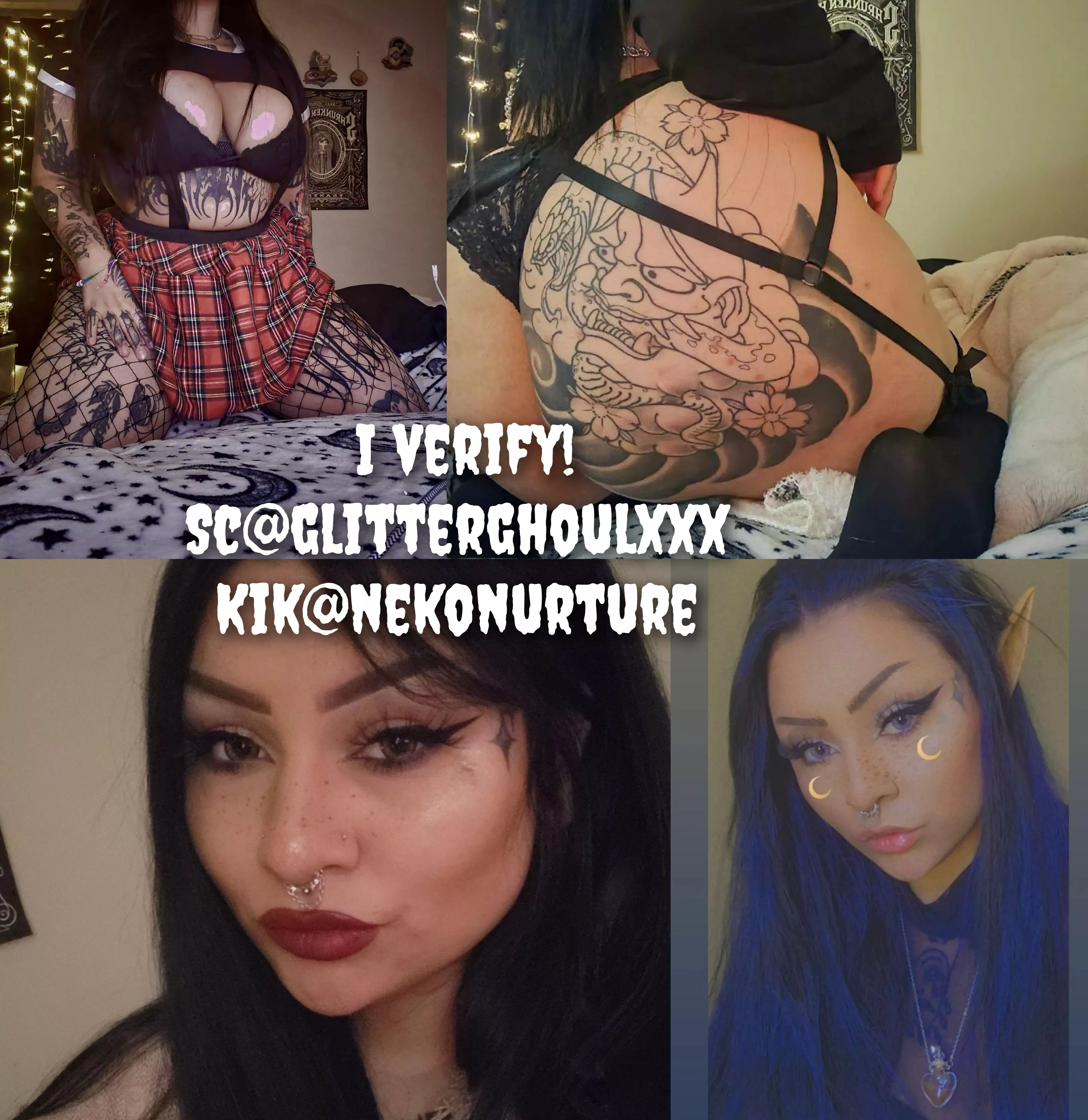 [selling] Thicc tatted goth girl here to help you cum. I offer sexting, cam, custom content, weekly or daily GFE, and much more! I can squirter as well and honor most kinks and fetish play. I VERIFY. sc@glitterghoulxxx kik@nekonurture telegram@nekonurtur