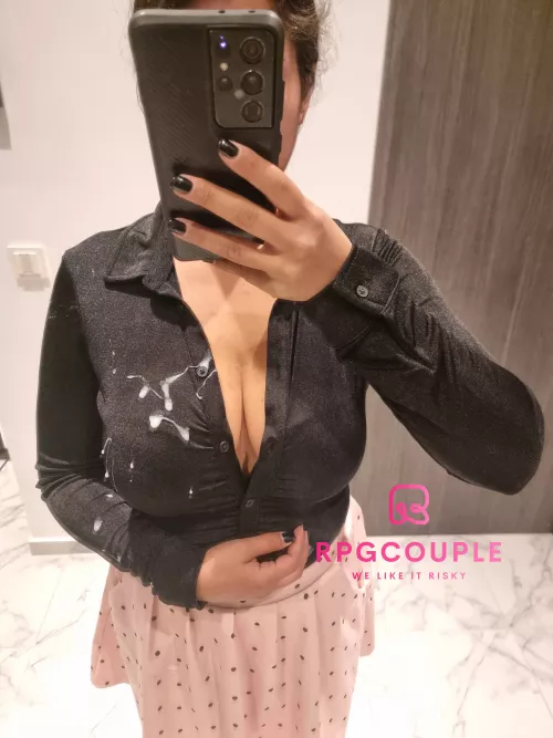 Cumshot over my tits during work time