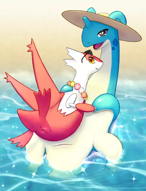 Latias & Lapras at the beach [FF] by Pyritie