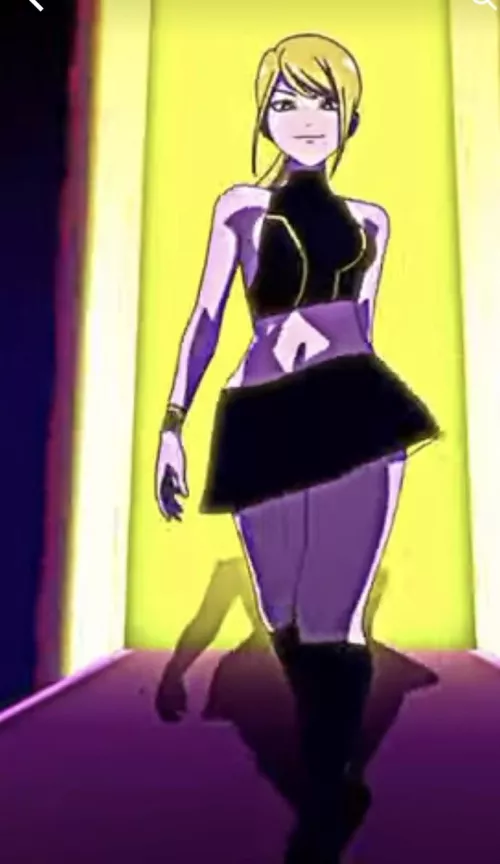 Lf color source: black crop top, black socks, black skirt, blonde hair, armband, yellow background