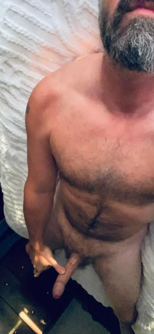 Salt and pepper beard… shaved uncut cock