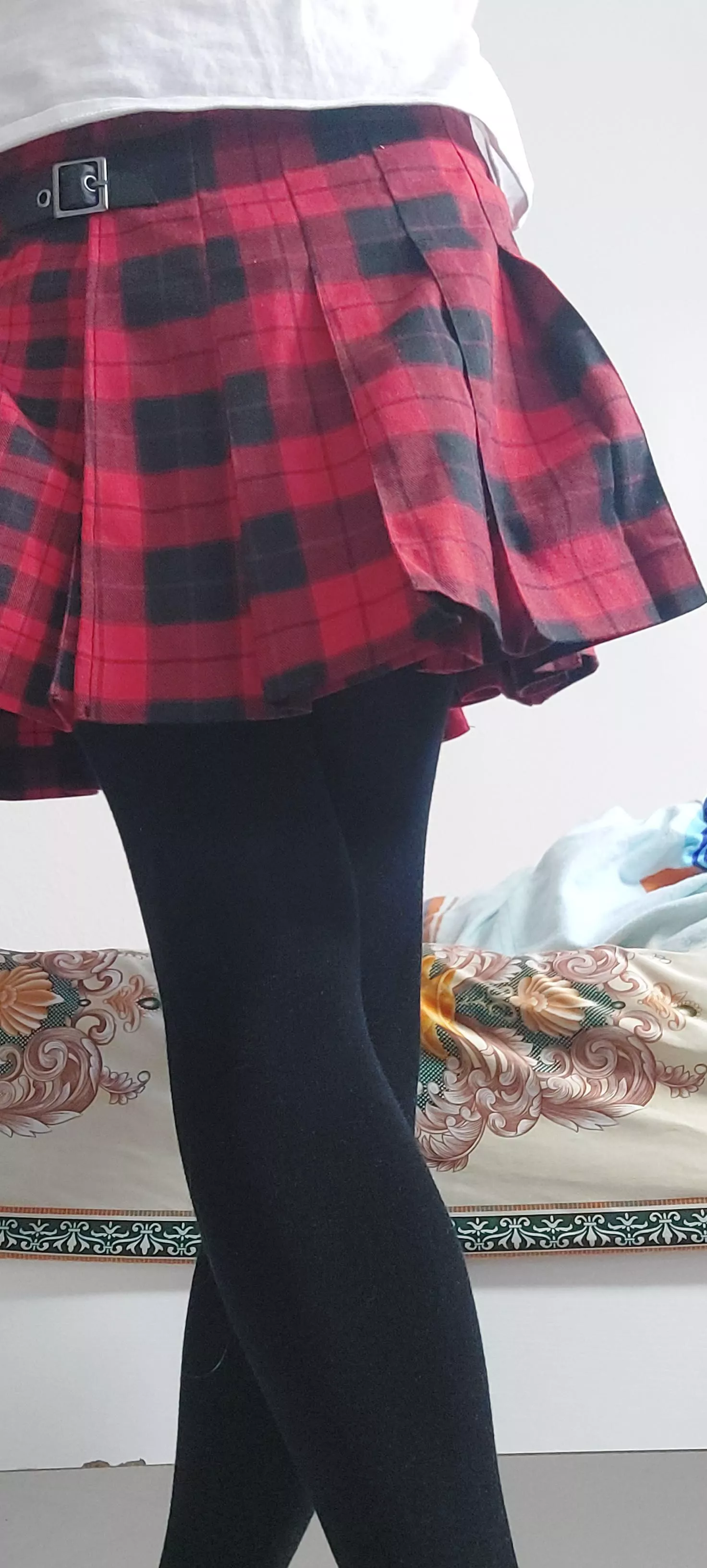 Black cotton tights and a red-black-striped skirt :p