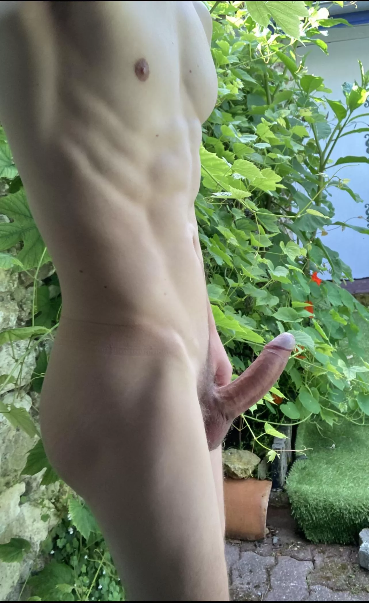 I am bored in public garden and need to play. Hung Neighbor in sweatpants started staring so I make him horny by teasing my dick 🤳😈🍆💦 Do you think he will cum over? M (23)