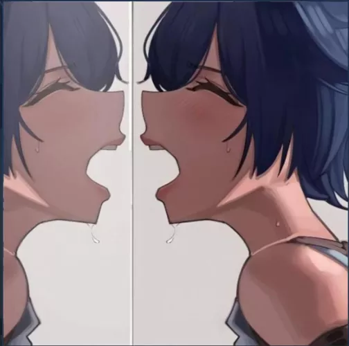 LF Color Source: 1girl, close up, blue hair, bangs, blushing, sweat, open mouth, upper teeth, lips, saliva, closed eyes, bare shoulder, neck, facing mirror