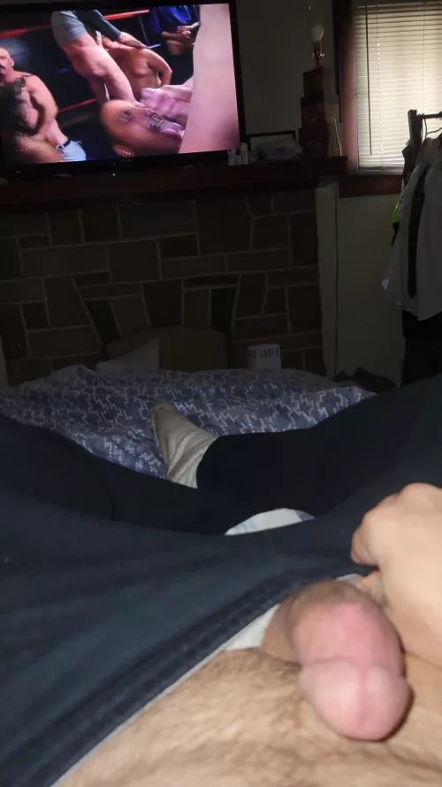 my 🍆 out watching hot gay porn