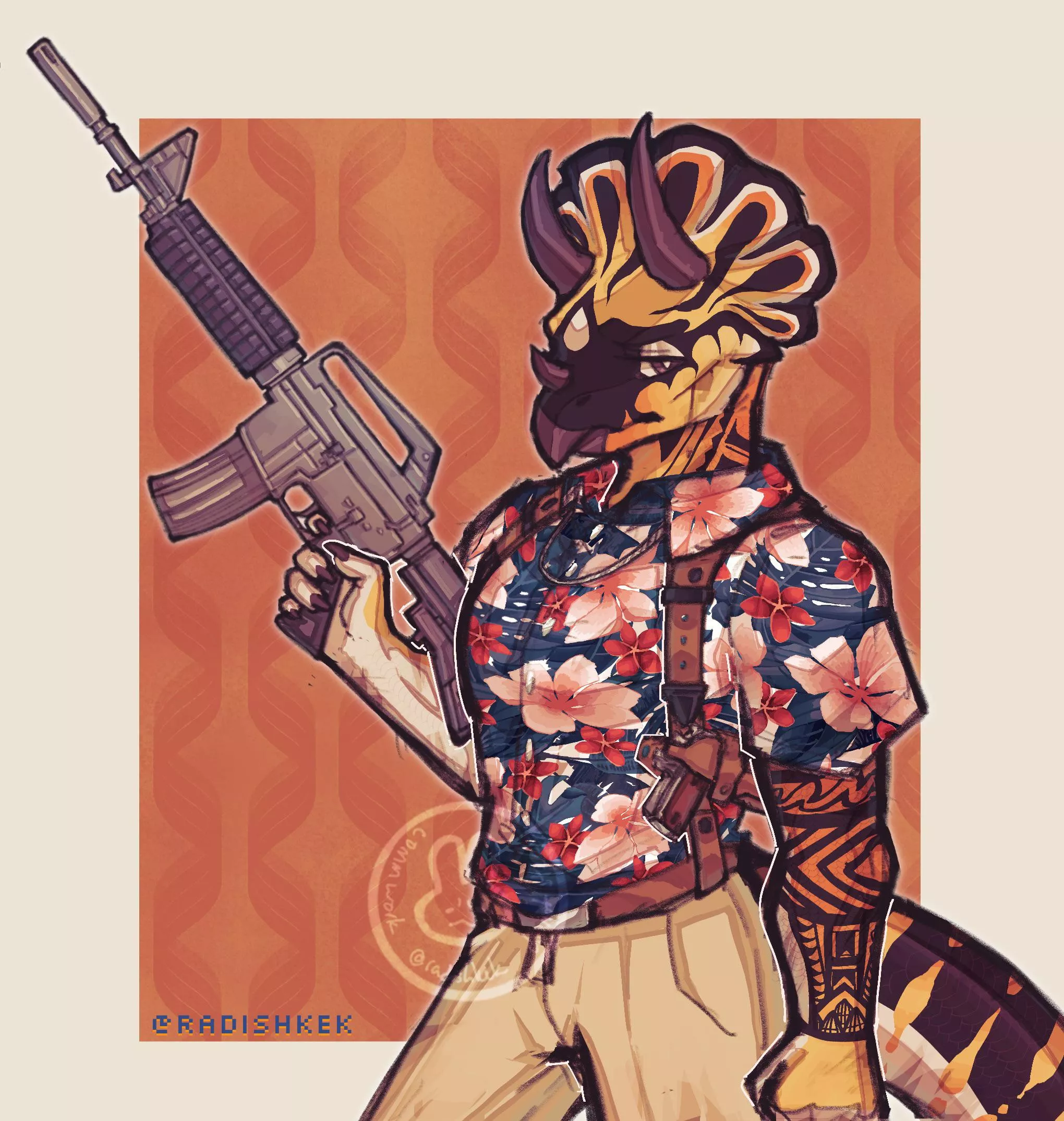 Finished this comm piece recently! First time drawing a dino so it was a bit daunting but I love how it came out hehe [Art by me @radishkek]