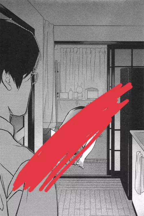 LF Mono Source: 1boy, 2boys (?), 1girl, wooden floor, sliding door, kitchen, towel, sink (?), black fridge, curtains, rug, table, box, glass, bottle, rabbit ears (?), clothed sex (?), bare feet, blonde hair, ntr/netorare, staring, black hair, glasses, fa