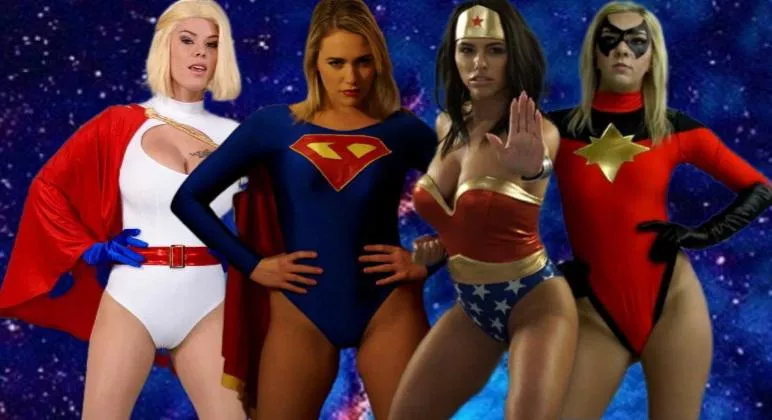 Power Girl [Peta Jensen], Supergirl [Mia Malkova], Wonder Woman [Adriana Chechik], Miss Marvel [Tiffany Watson]: Who's your hero?