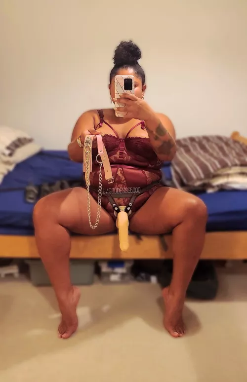 The bed restraints are setup, ankle & wrist restraints set aside, strapon ready to abuse your holes, and a tight fitting collar with leash...all that's missing is you, slut! Let's just say this thick Blasian Goddess doesn't like to hold back...