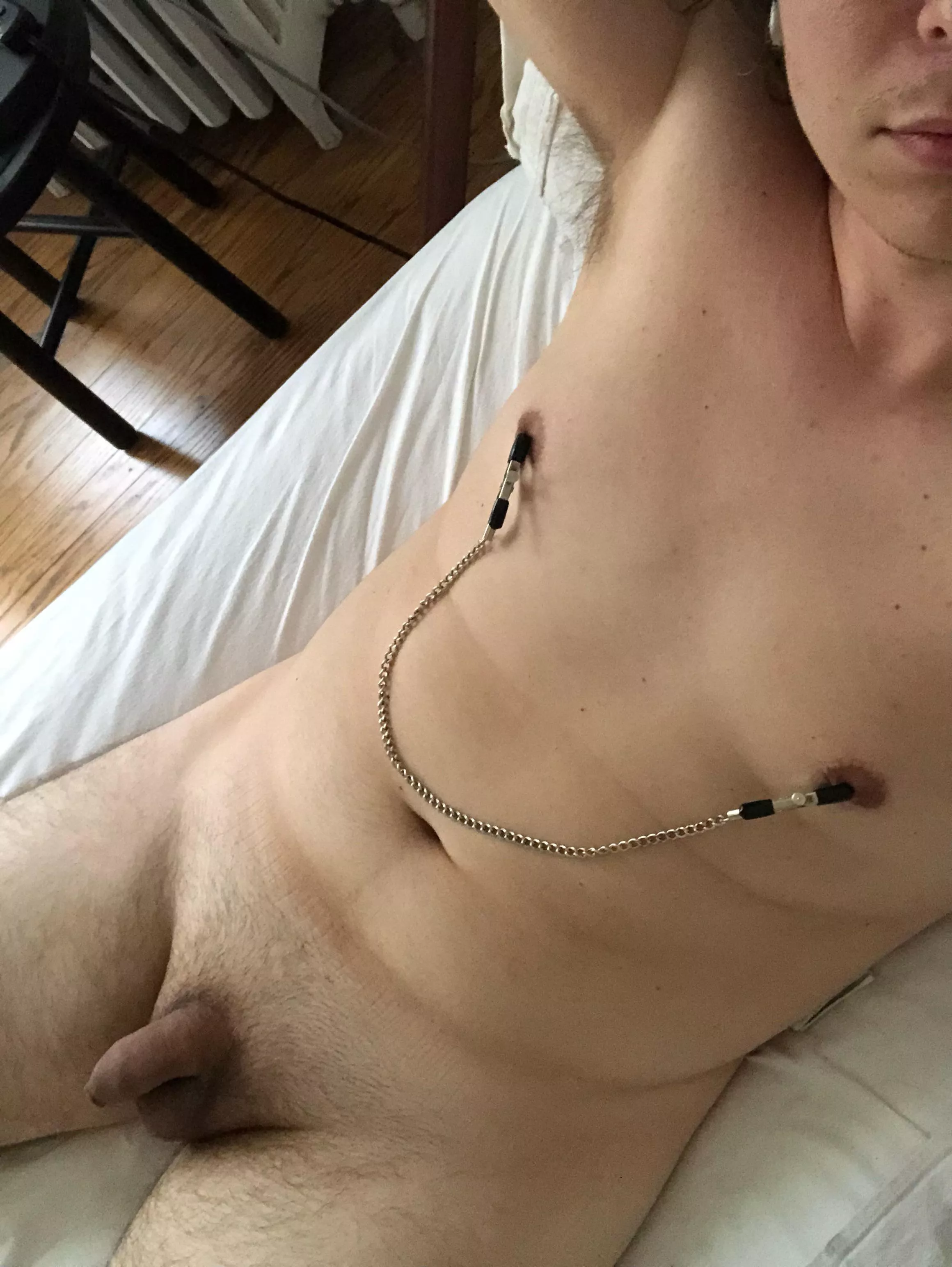 First the clamps, then a plug, no stroking - only a magic wand to get me off