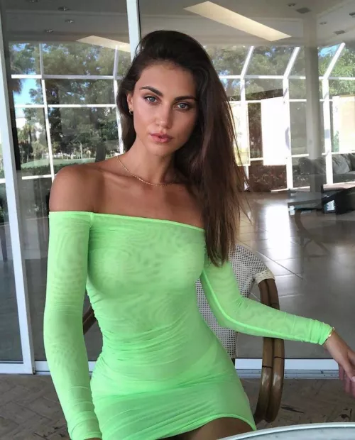 Gorgeous brunette in a sheer green mini-dress