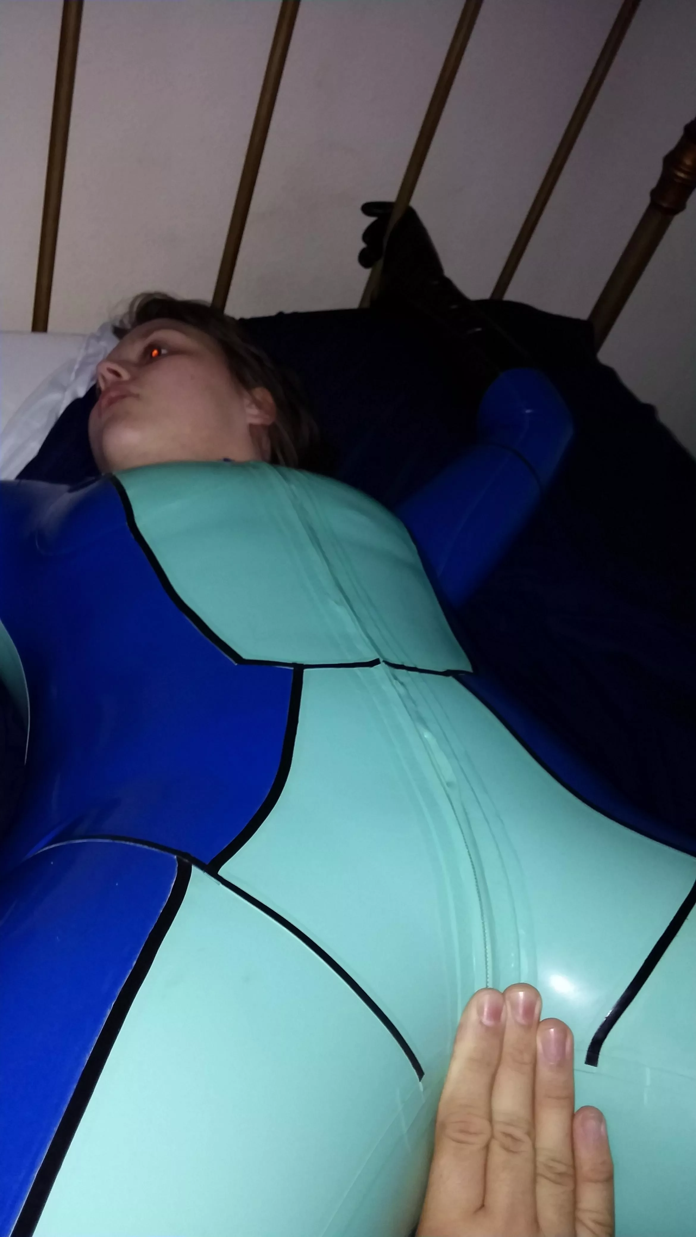 Handcuffed and helpless in my latex cosplay suit