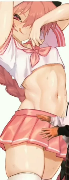 LF Color source: 1boy, Astolfo (FGO), pink hair, long hair, braided hair, hair covering eye, black hair ornament, tongue sticking out, pink eyes, slanted eyes, pink and white sailor uniform, pink ascot, pink skirt with white stripes, tummy, stomach, thig