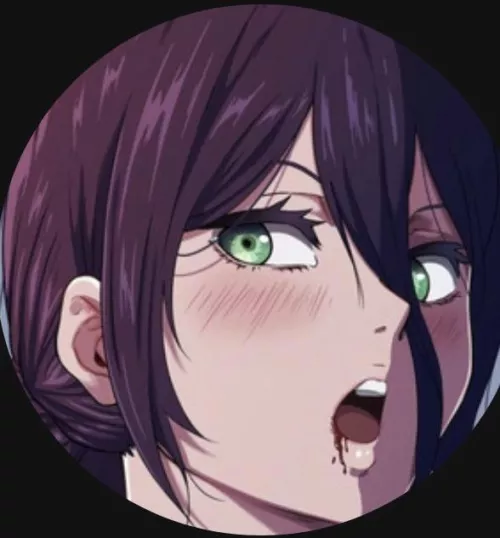 LF color source: purple hair, green eyes, 1girl, chainsaw man, reze, blushing, looking to side, blood, mouth opened, cropped