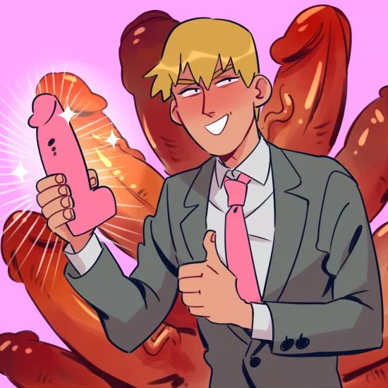 Sexy blonde businessmen try to sell you a dildo