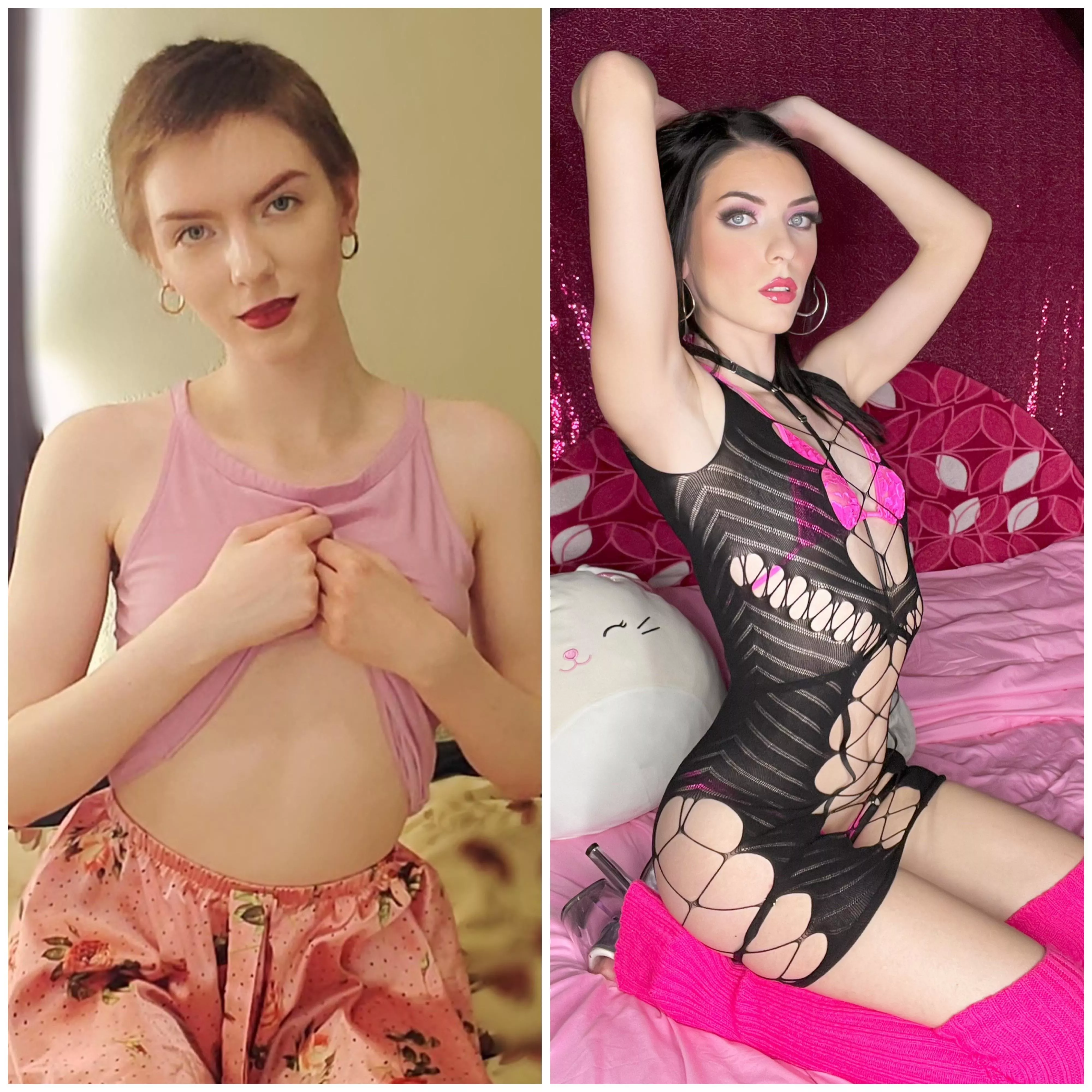 How it started vs how it's going. 2020 *shy and depressed hippie-feminist* vs 2022 *confident and happily blank fuck doll working in porn*