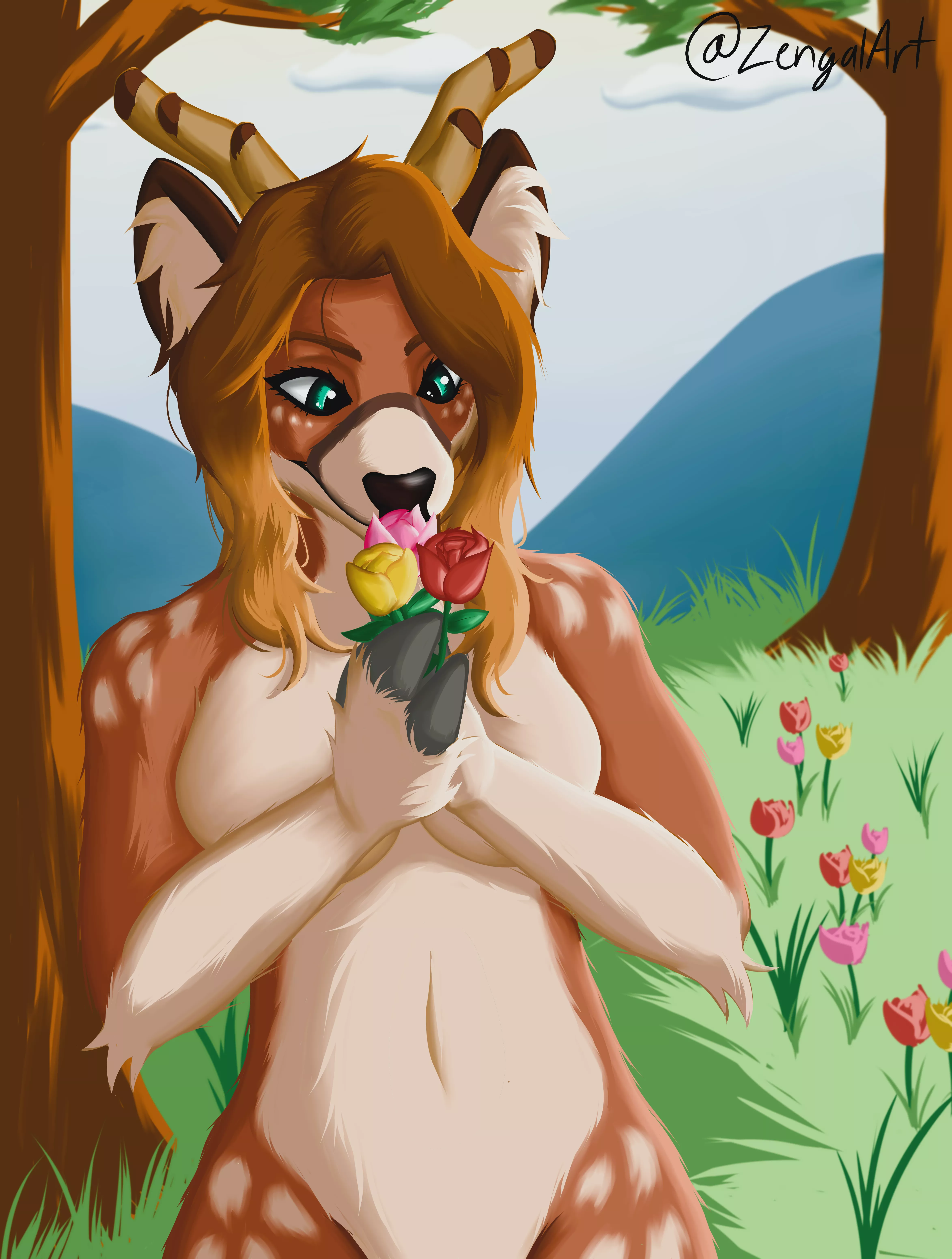 Smelling flowers🌹 I drew the sona of @snovit321 on Twitter!