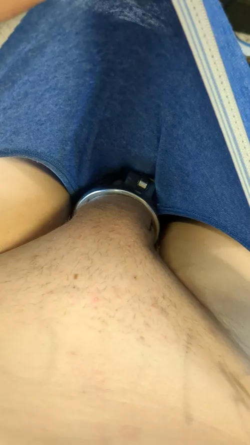 at work in panties and cage. not very sexy panties but panties nevertheless