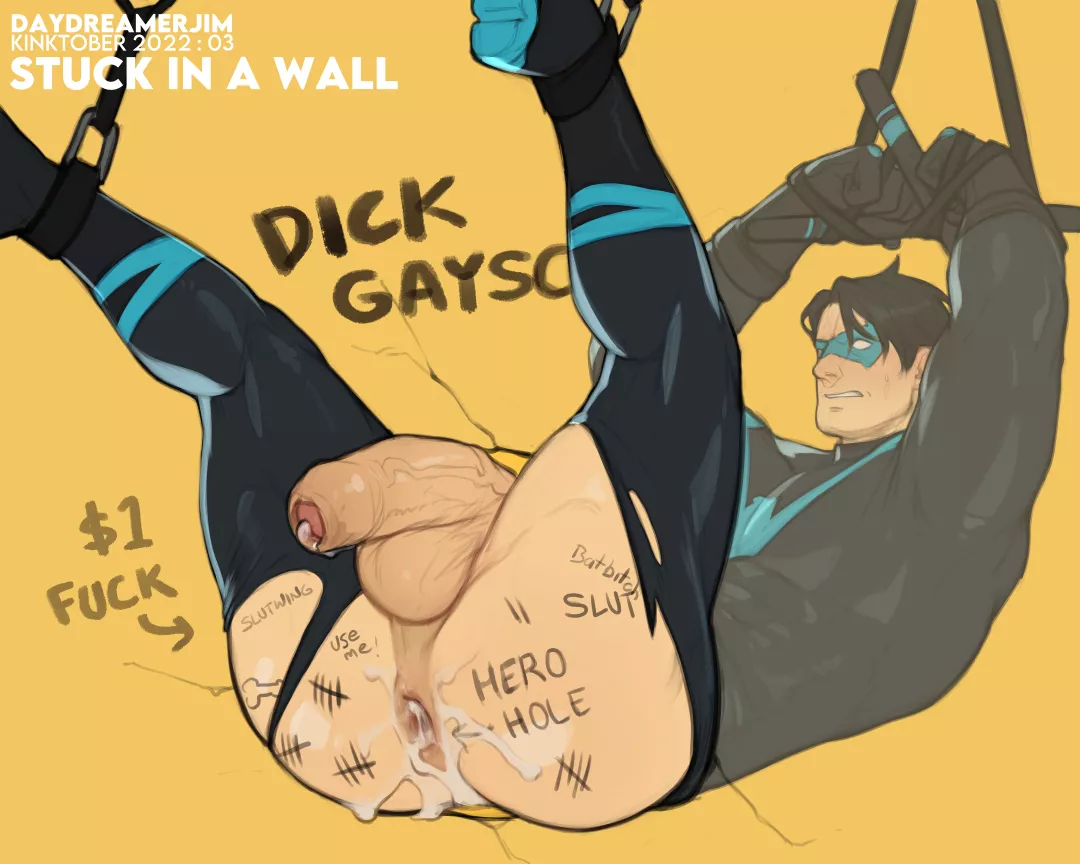 Dick Gayson [Grayson] is stuck in the wall and fucked multiple times by lots of anonymous men and is ready for more fucking