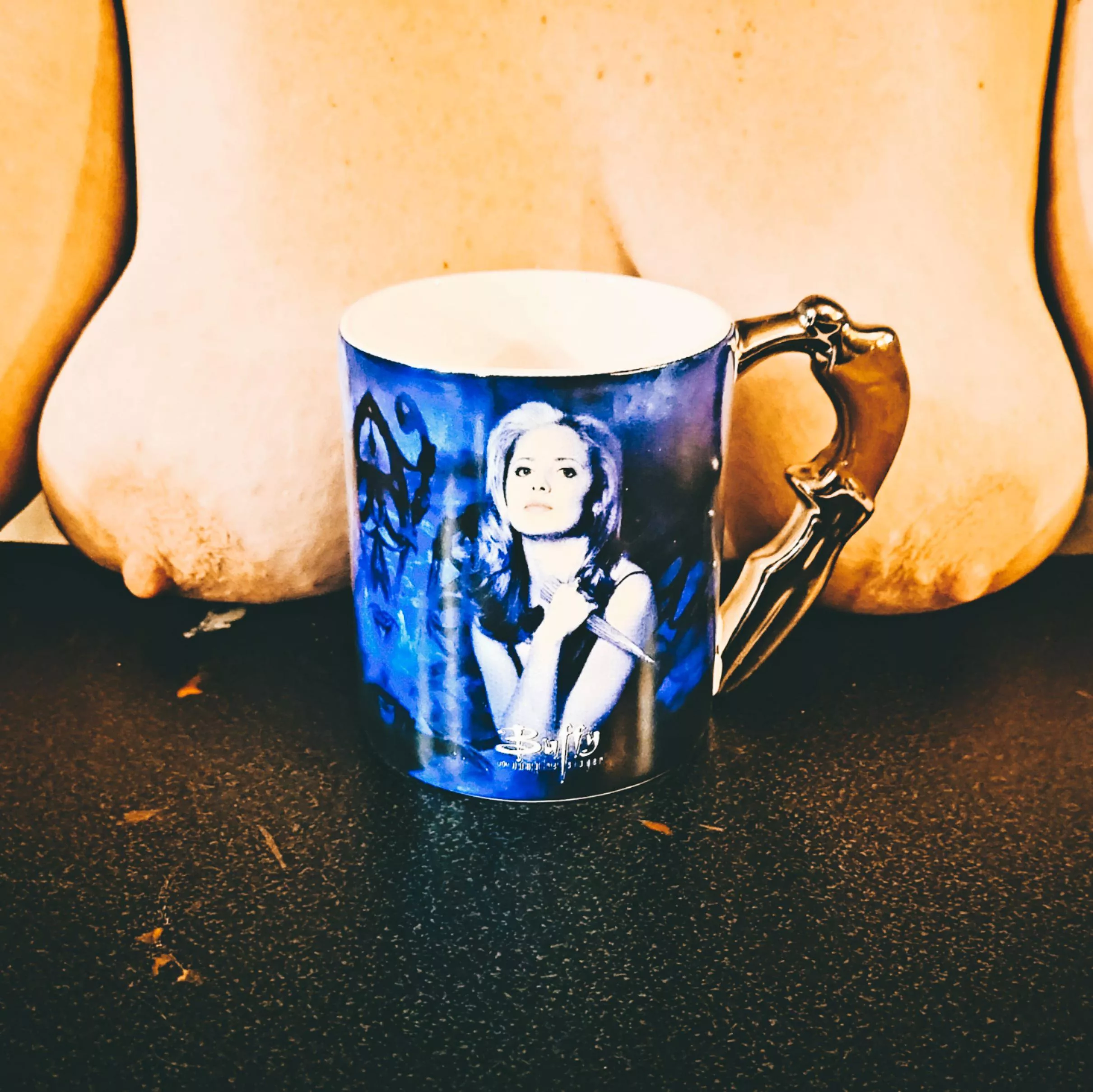 Mugs and Jugs. I literally have to plop them on the table so I can scoot up.