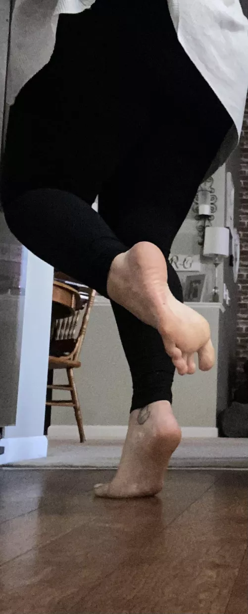 Barefoot and busy in the kitchen