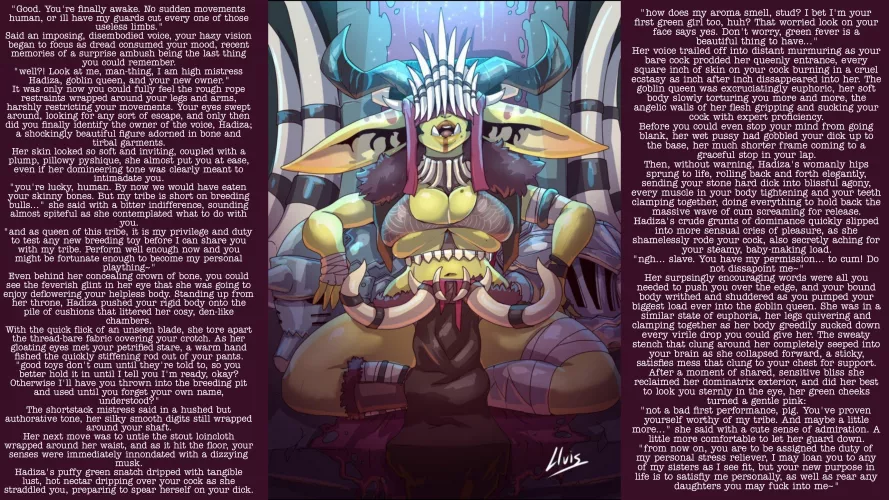 Goblin queen testing her new toy~ (art by lluis) [goblin] [reverse rape] [implied impreg]