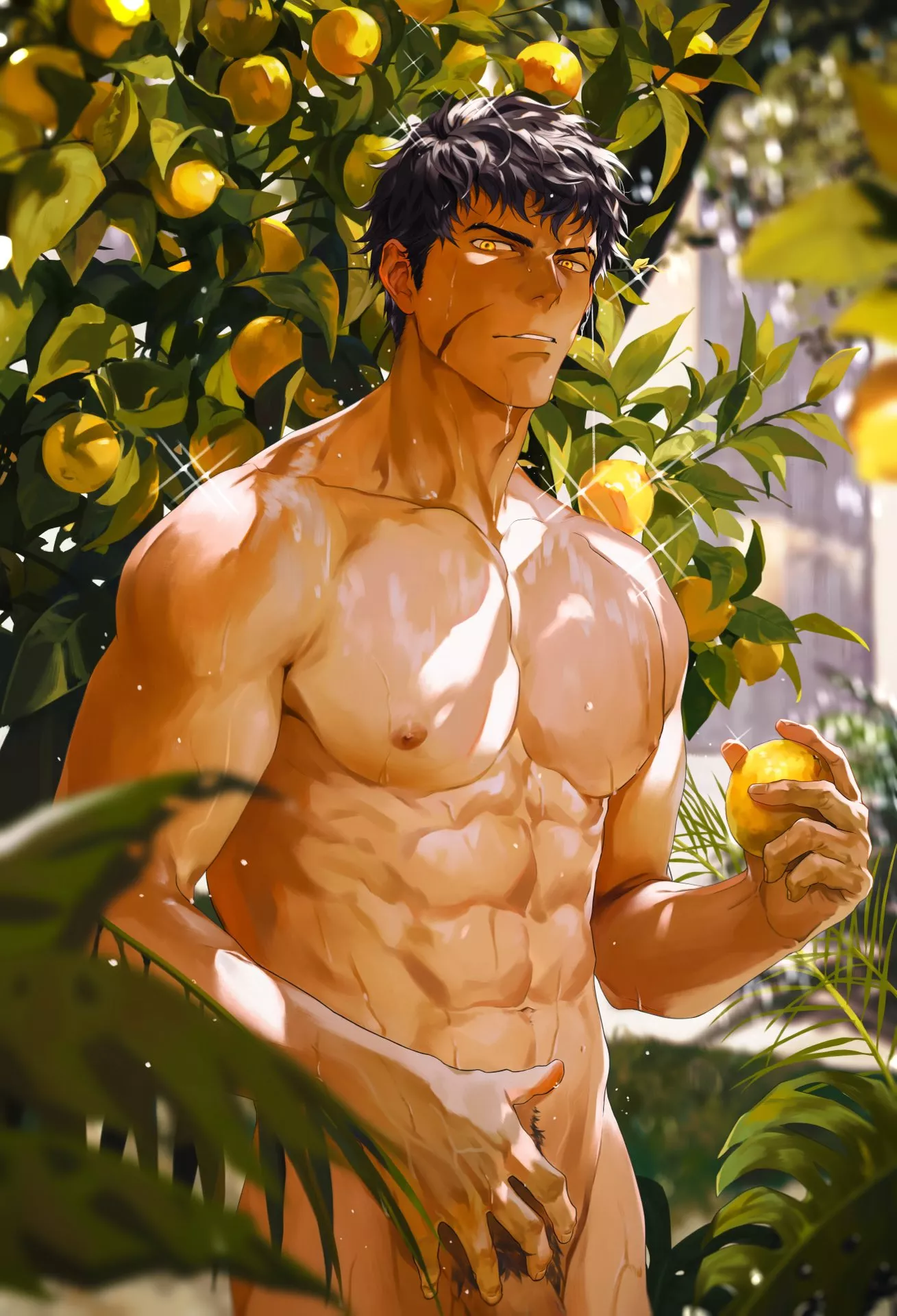 Guy in the orchard or forest picking oranges naked, wet, and sparkling