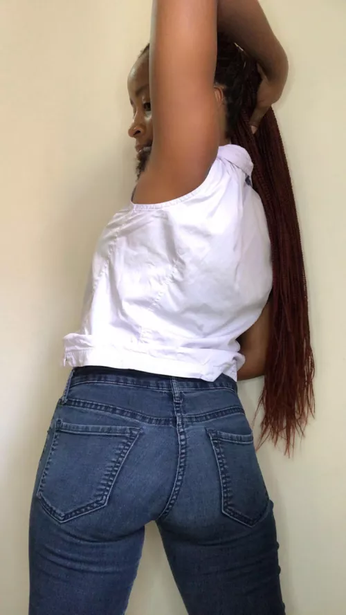 Jeans and full long armpit hair