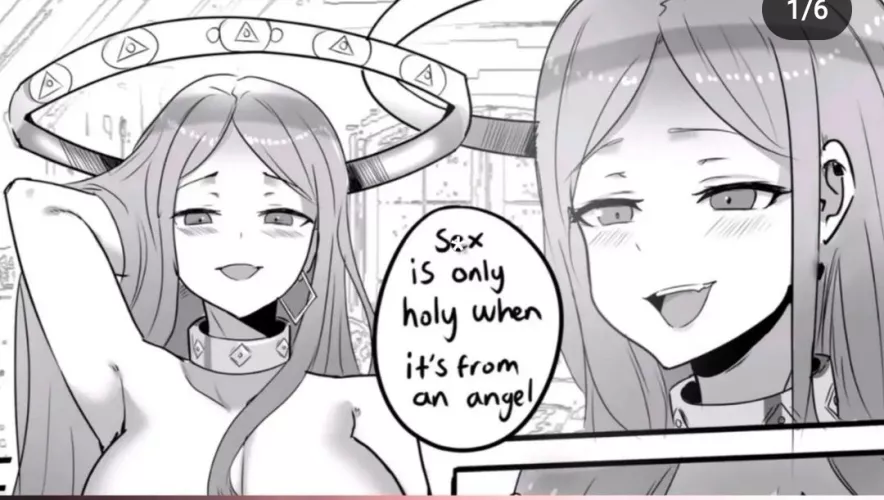 LF mono source: 2girls, halo, angel, ear ring, big breasts, blush, long hair, 