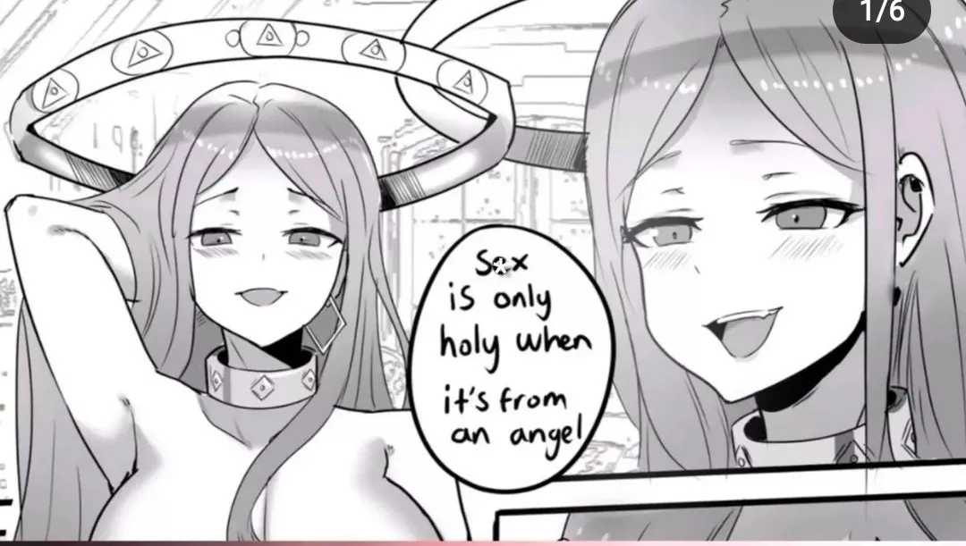 LF mono source: 2girls, halo, angel, ear ring, big breasts, blush, long hair, 