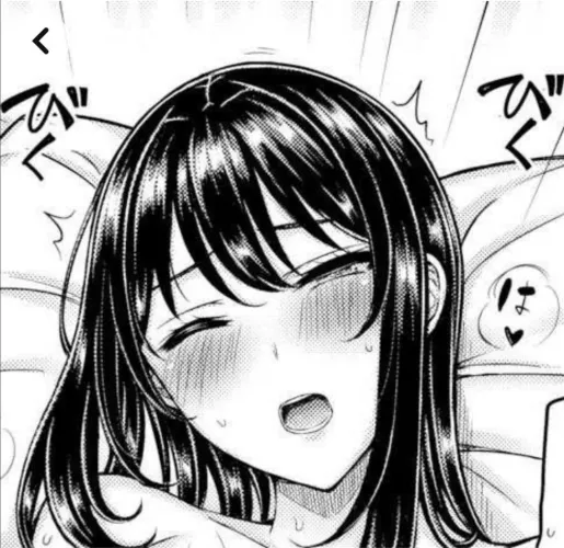 LF mono source: Long hair, black hair, foreign text, heart, closed eyes, sweat, hair over front, pillow, moan, teeth, open mouth, blush