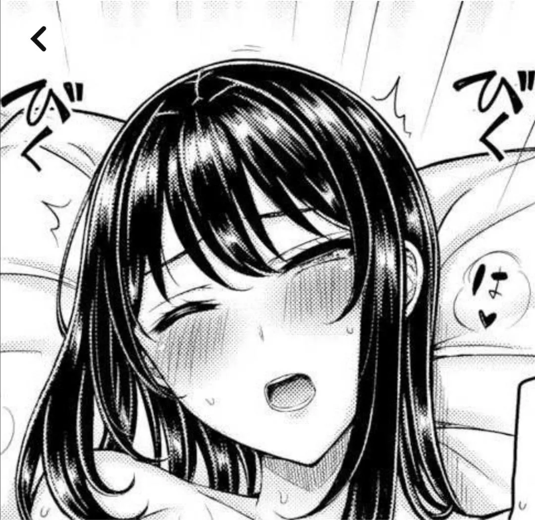 LF mono source: Long hair, black hair, foreign text, heart, closed eyes, sweat, hair over front, pillow, moan, teeth, open mouth, blush