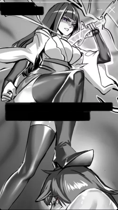 LF Mono Source: 2girls, dark hair, beauty mark, monochrome, short dress, stockings, stepped on, long straight hair, sword from chest, lightning