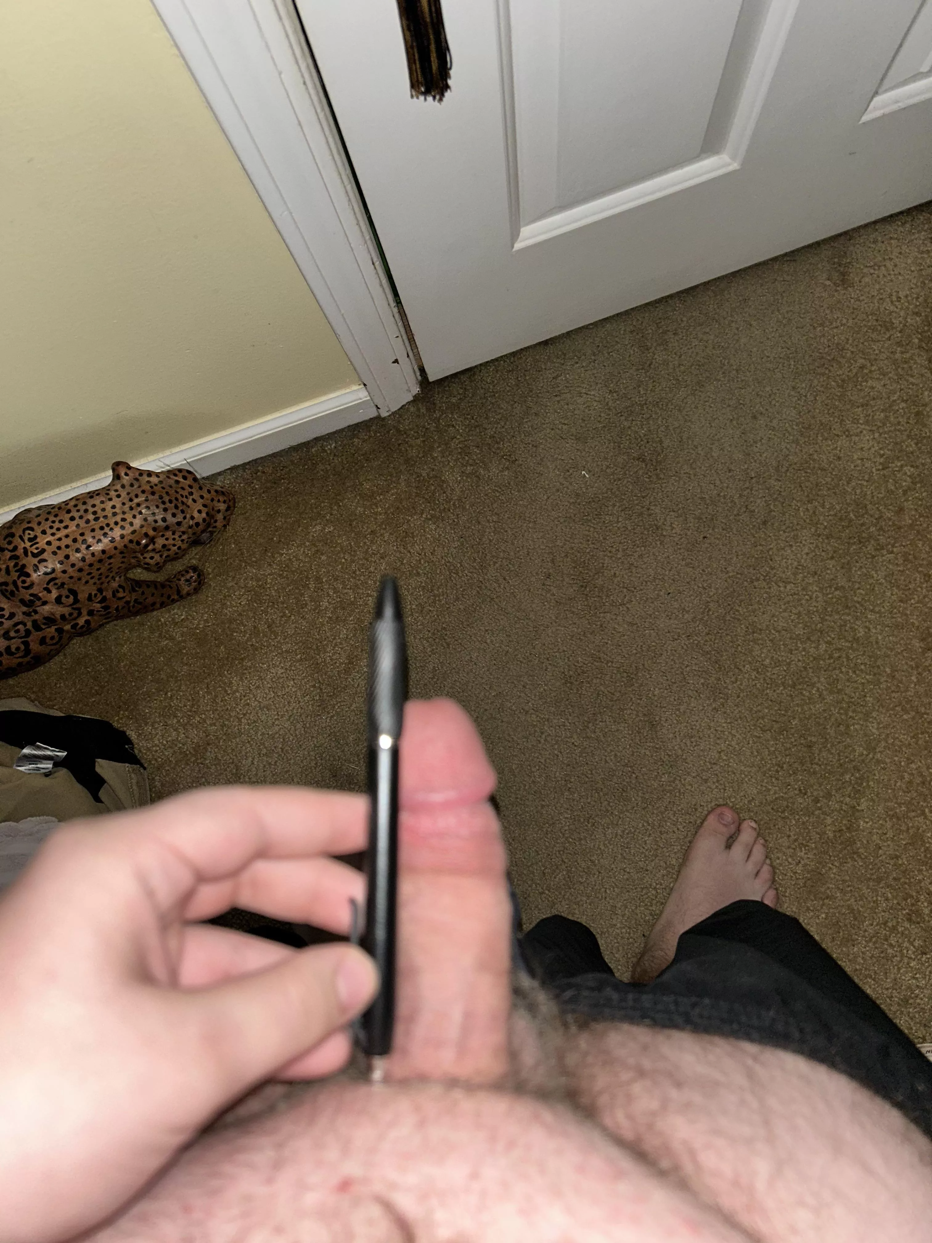 My rock hard cock compared with a standard pen, pm me or comment if you’d like to compare with me or just chat about size difference. The bigger the better ;)