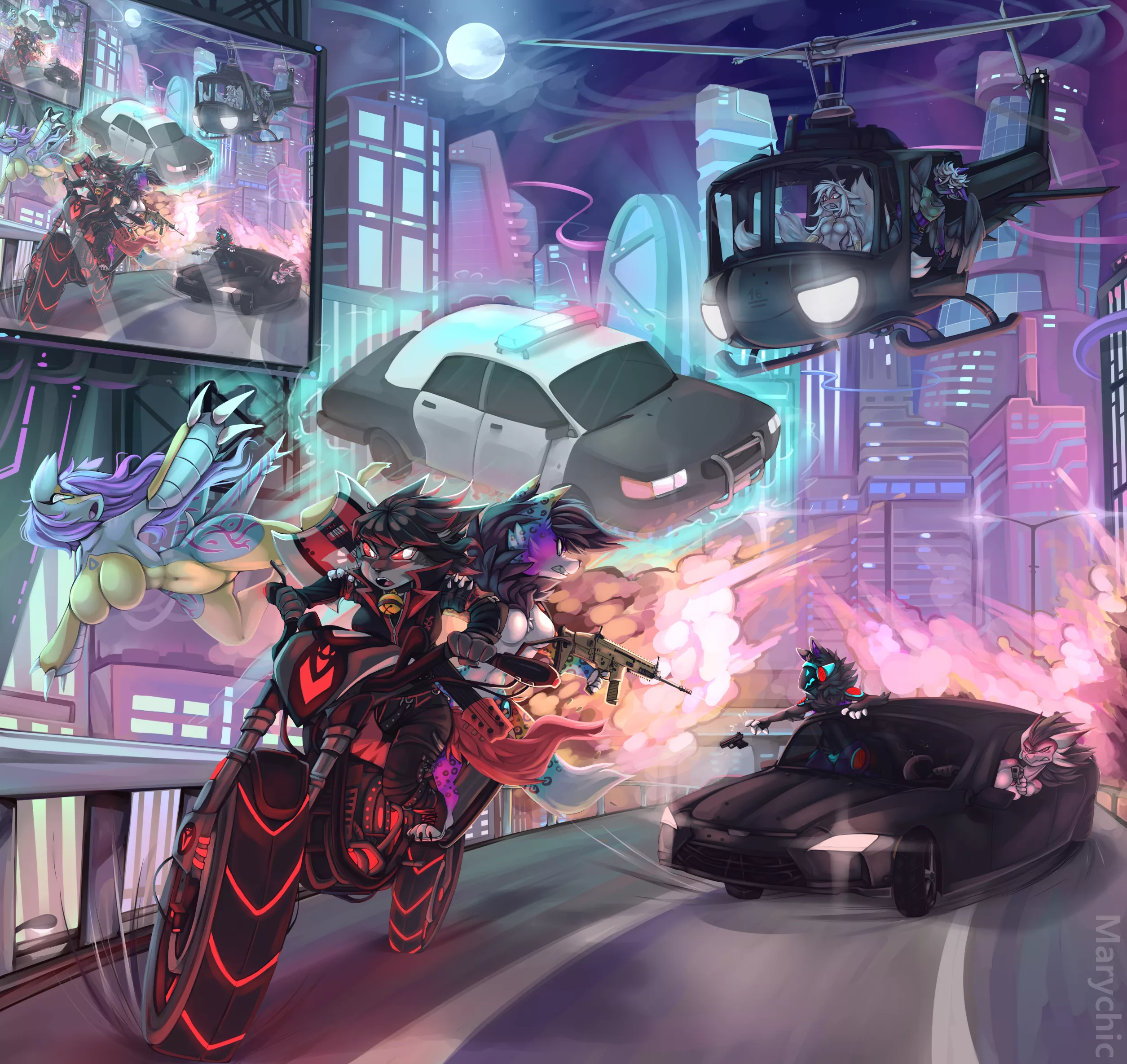 FINAL COMMISSION OF THE DAY! This one took me months but it's finally done!!! This is a commission I made for Akira the DaxiDax on Discord X3 it has cyberpunk aestethic! I'M so glad this is finally done qvqvqqvqvqvqvq I hope you guys like it x3! <3 