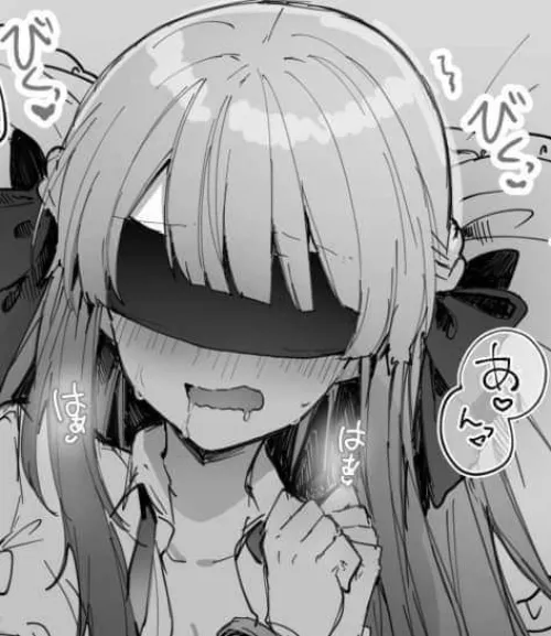 Mono: Foreign text, 1girl, blindfold, bows, long hair, blush, saliva, open mouth, open shirt, hands tied, sweat